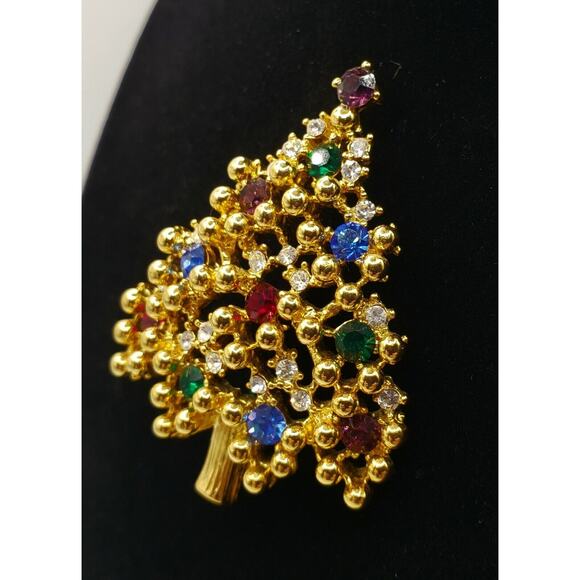 Eisenberg Rhinestone Christmas Tree Brooch Gold Tone Bling Holiday Pin Signed - Picture 8 of 8